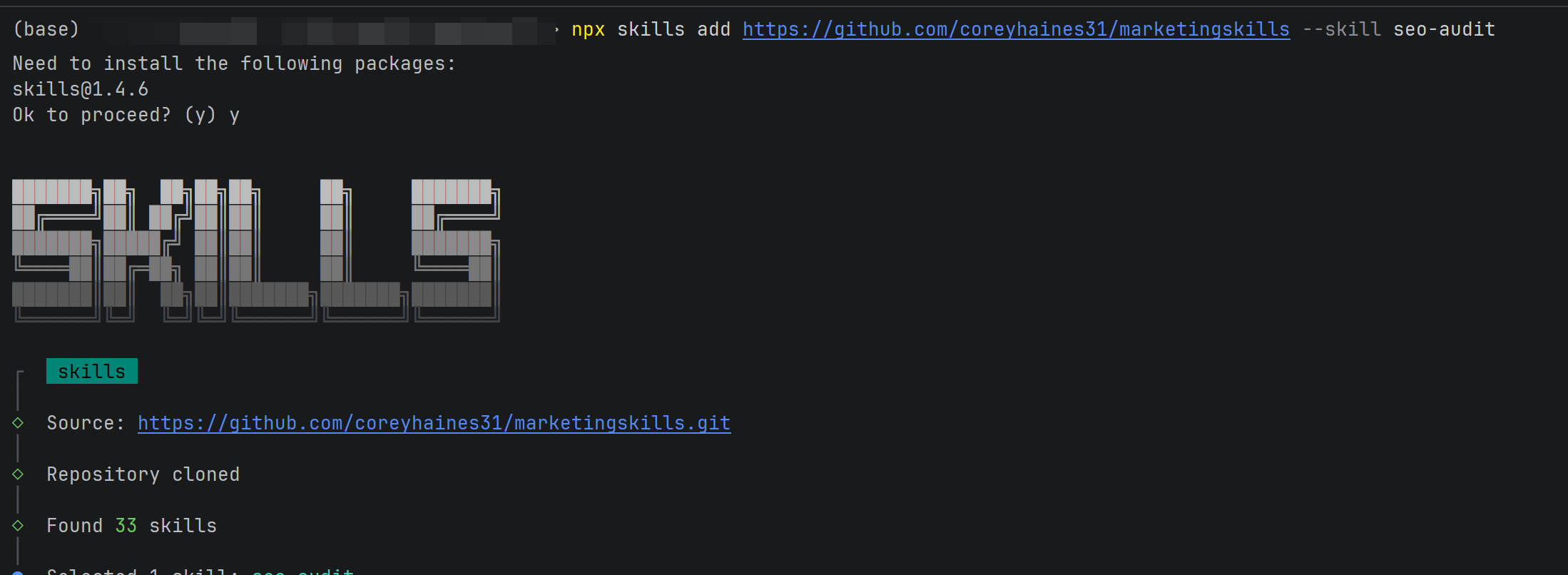 执行 npx skills add 命令